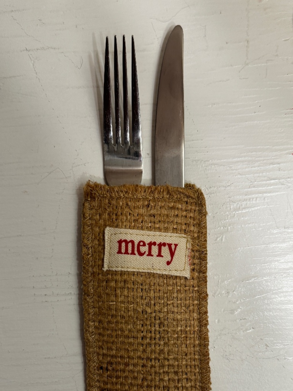 Mud Pie Set of 6 Burlap Silverware Holders "Merry" Christmas Farmhouse